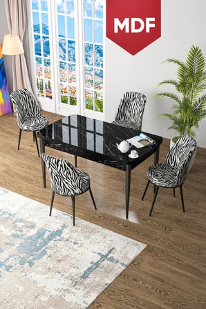 Via Serisi 80x132 MDF Açılabilir Mutfak Masası Takımı Siyah Mermer Desen Masa 4 Gül Kurusu Sandalye
