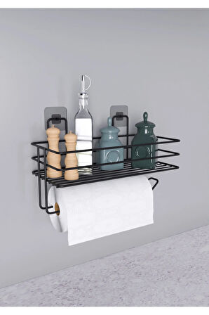 Vİdalı Raflı Kağıt Rulo Havluluk Peçetelik Siyah Banyo Mutfak Düzenleyici Raf