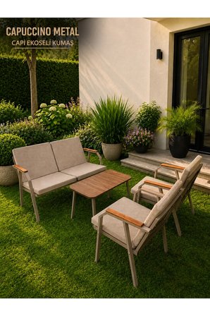 VİENTO 2-1-1 BAHÇE BALKON MOBİLYASI,SEHPALI,CAPİ İSKELET, KUMAŞ RENGİ 04 CAPPUCCİNO EKOSELİ