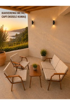 VİENTO 2-1-1 BAHÇE BALKON MOBİLYASI,SEHPALI, KAHVE İSKELET KUMAŞ RENGİ 04 CAPPUCCİNO EKOSELİ