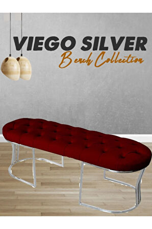 Viego Silver Puf Lüks Metal Gümüş Ayak, Chester Model Yatak Ucu Bordo Bench
