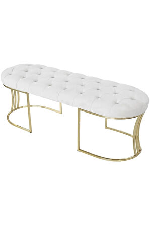 Viego Gold Beyaz Puf - Lüks Metal Gold Ayak, Chester Model Yatak Ucu Bench Puf