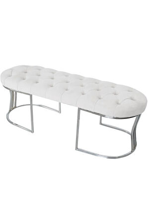 Viego Silver Puf Lüks Metal Gümüş Ayak, Chester Model Yatak Ucu Beyaz Bench