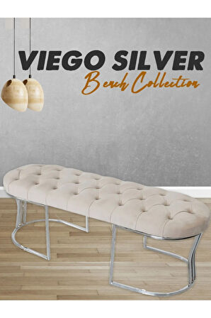 Viego Silver Puf Lüks Metal Gümüş Ayak, Chester Model Yatak Ucu Krem Bench