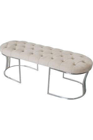 Viego Silver Puf Lüks Metal Gümüş Ayak, Chester Model Yatak Ucu Krem Bench