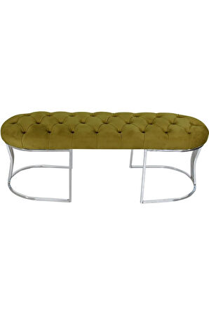 Viego Silver Puf Lüks Metal Gümüş Ayak, Chester Model Yatak Ucu Hardal Bench