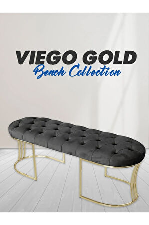 Viego Gold Antrasit Puf - Lüks Metal Gold Ayak, Chester Model Yatak Ucu Bench Puf