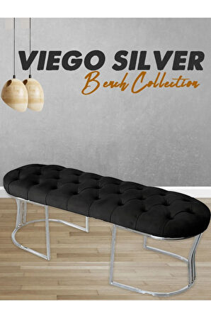 Viego Silver Puf Lüks Metal Gümüş Ayak, Chester Model Yatak Ucu Siyah Bench