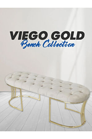 Viego Gold Krem Puf - Lüks Metal Gold Ayak, Chester Model Yatak Ucu Bench Puf