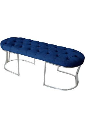 Viego Silver Puf Lüks Metal Gümüş Ayak, Chester Model Yatak Ucu Mavi Bench