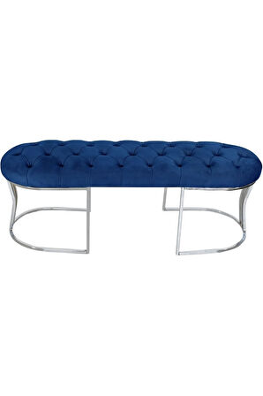 Viego Silver Puf Lüks Metal Gümüş Ayak, Chester Model Yatak Ucu Mavi Bench