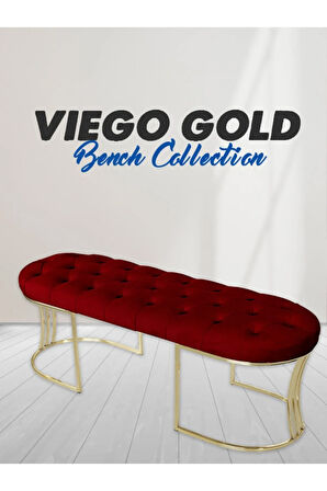 Viego Gold Bordo Puf - Lüks Metal Gold Ayak, Chester Model Yatak Ucu Bench Puf