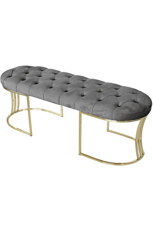 Viego Gold Gri Puf - Lüks Metal Gold Ayak, Chester Model Yatak Ucu Bench Puf