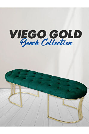 Viego Gold Yeşil Puf - Lüks Metal Gold Ayak, Chester Model Yatak Ucu Bench Puf