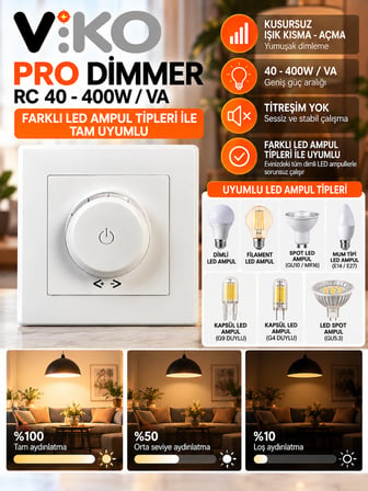 Led Ampule Uyumlu Pro Dimmer Titreme Yapmaz Beyaz (Çerçeve Dahil)