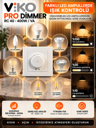 Led Ampule Uyumlu Pro Dimmer Titreme Yapmaz Beyaz (Çerçeve Dahil)