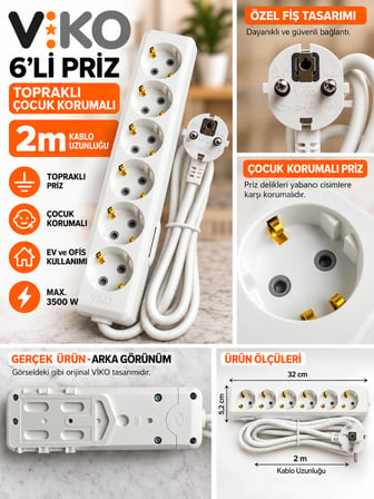 (1 Adet) Altılı İki Metre Topraklı ve Çocuk Korumalı