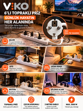 (1 Adet) Altılı İki Metre Topraklı ve Çocuk Korumalı