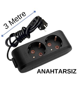 Viko (2'Li) İkili Priz Topraklı Kablolu Siyah 3 (Üç) Metre