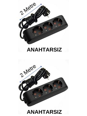 Viko (3'Lü) Üçlü Priz Topraklı Kablolu Siyah 2 (İki) Metre (2 Adet)