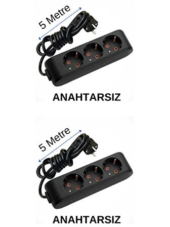 Viko (3'Lü) Üçlü Priz Topraklı Kablolu Siyah 5 (Beş) Metre (2 Adet)