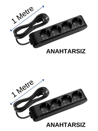 Viko (4'Lü) Dörtlü Priz Topraklı Kablolu Siyah 1 (Bir) Metre (2 Adet)