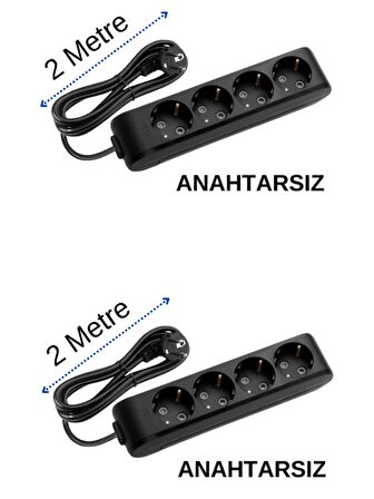 Viko (4'Lü) Dörtlü Priz Topraklı Kablolu Siyah 2 (İki) Metre (2 Adet)
