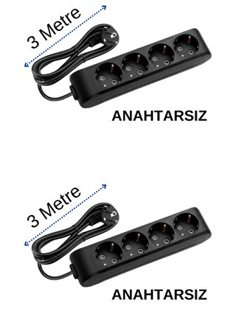 Viko (4'Lü) Dörtlü Priz Topraklı Kablolu Siyah 3 (Üç) Metre (2 Adet)