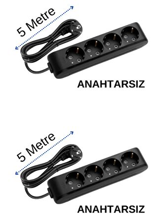 Viko (4'Lü) Dörtlü Priz Topraklı Kablolu Siyah 5 (Beş) Metre (2 Adet)