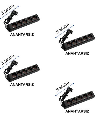 Viko (5'Li) Beşli Priz Topraklı Kablolu Siyah 3 (Üç) Metre (4 Adet)