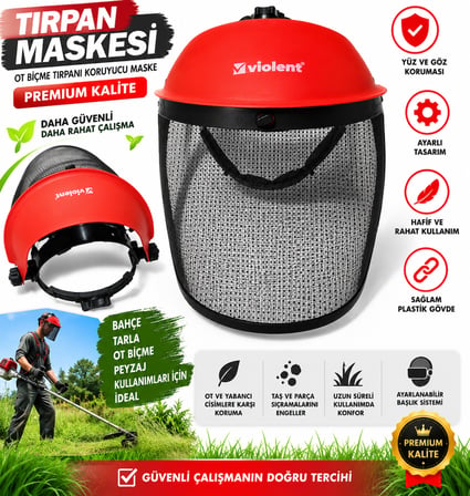 Tırpan Maskesi Kırmızı Renk Premium Ot Biçme Tırpanı Koruyucu Maske Plastik Ayarlı Maske