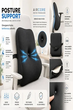 Posture Support AirCore Ergonomik Lomber Bel Destek Minderi Siyah