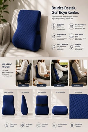 Ergonomik ve Ortopedik Sırt Minderi Doğru Destek, Konforlu Oturuş