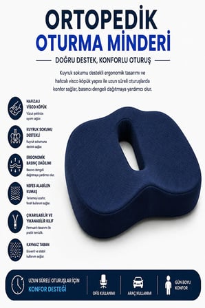 Ortopedik Oturma Minderi – Hafızalı Visco Köpük Kuyruk Sokumu Destek Yastığı, Uzun Süreli Oturuşlar İçin Ergonomik Ofis ve Araç Koltuğu Minderi
