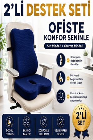 Ortopedik Sırt ve Oturma Minderi Seti – Bel, Sırt ve Kuyruk Sokumu İçin Ergonomik Visco Destek
