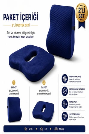 Ortopedik Sırt ve Oturma Minderi Seti – Bel, Sırt ve Kuyruk Sokumu İçin Ergonomik Visco Destek