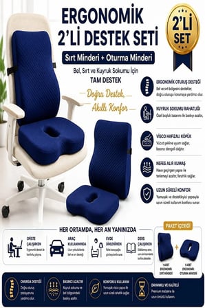 Ortopedik Sırt ve Oturma Minderi Seti – Bel, Sırt ve Kuyruk Sokumu İçin Ergonomik Visco Destek