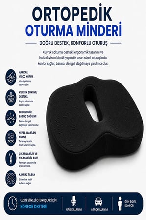 Ortopedik Oturma Minderi – Kuyruk Sokumu Destek Minderi Uzun Süreli Oturuşlar İçin Ergonomik Ofis ve Araç Koltuğu Minderi Visco Minder