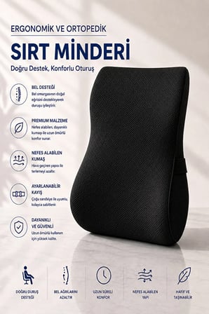 Ortopedik Visco Bel ve Sırt Destek Minderi – Ofis Koltuğu, Araç ve Ev İçin Ergonomik Konfor