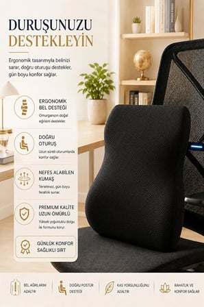 Ortopedik Visco Bel ve Sırt Destek Minderi – Ofis Koltuğu, Araç ve Ev İçin Ergonomik Konfor
