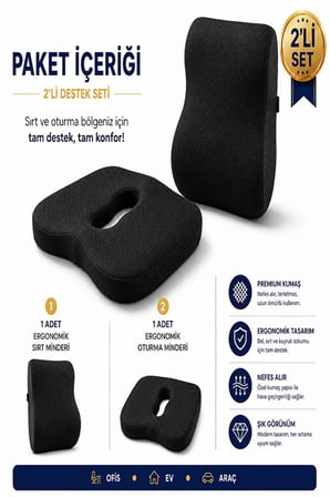 2’li Ortopedik Visco Minder Seti – Ergonomik Bel, Sırt ve Kuyruk Sokumu Desteği