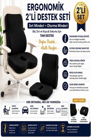 2’li Ortopedik Visco Minder Seti – Ergonomik Bel, Sırt ve Kuyruk Sokumu Desteği