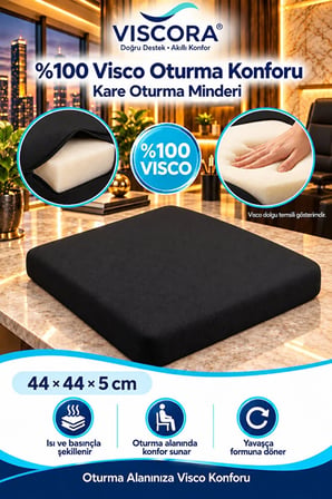 Visco Kare Oturma Minderi – Ofis Koltuğu, Sandalye ve Ev İçin Kaymaz Minder 44×44×5 cm