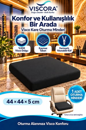 Visco Kare Oturma Minderi – Ofis Koltuğu, Sandalye ve Ev İçin Kaymaz Minder 44×44×5 cm