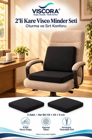 Visco Oturma Minderi ve Sırt Destek Seti 2’li – Ofis Koltuğu ve Sandalye Minderi 44×44×5 cm