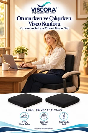 Visco Oturma Minderi ve Sırt Destek Seti 2’li – Ofis Koltuğu ve Sandalye Minderi 44×44×5 cm