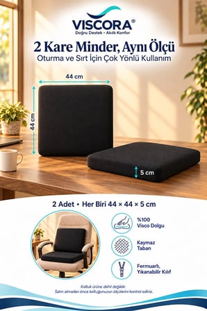 Visco Oturma Minderi ve Sırt Destek Seti 2’li – Ofis Koltuğu ve Sandalye Minderi 44×44×5 cm