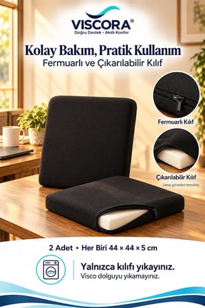 Visco Oturma Minderi ve Sırt Destek Seti 2’li – Ofis Koltuğu ve Sandalye Minderi 44×44×5 cm