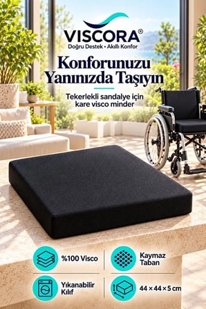 Tekerlekli Sandalye Minderi – %100 Visco Kare Oturma Minderi, Kaymaz Taban 44×44×5 cm