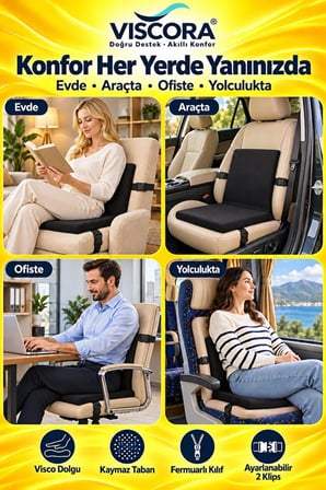 Visco Bel Destek ve Oturma Minderi – Ev, Ofis ve Araç İçin Tek Parça, Kaymaz Tabanlı ve Klipsli